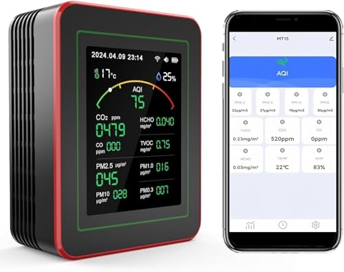 Professional 15-in-1 Air Quality Meter with App - CO₂ Meter/CO₂ Sensor, PM2.5/PM10 Fine Dust Meter, VOC Meter, Air Quality Monitor with Dual Chip & Real-time AQI Alerts