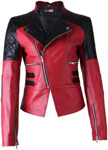 FE- Quilted Black Biker Leather Jacket Women - Stylish Ladies Striped Motorcycle Racer Jacket