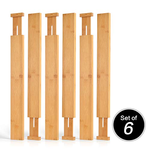 Bamboo Drawer Divider Organizer Set of 6 - Spring Loaded, Expandable, Adjustable & Stackable Dividers Best For Kitchen, Junk Drawer, Bedroom, Bathroom, Baby or Desk Inserts