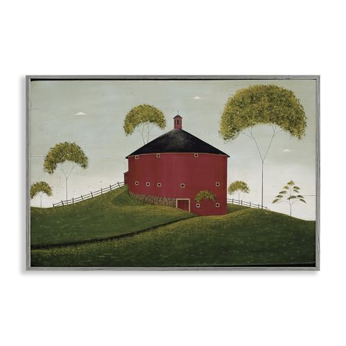 Stupell Industries Round Red Barn in Pasture Gray Framed Giclee Art Design by W…