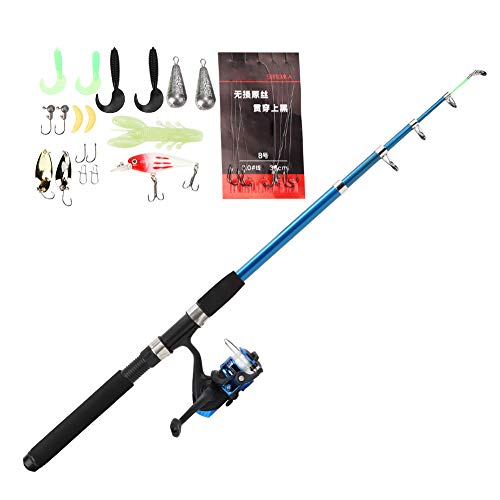 Cocoarm Angelrute Teleskop Angeln Tragbares Fiberglas Angelruten Set mit Angelschnur Angelköder Set Zubehör(2.1m)