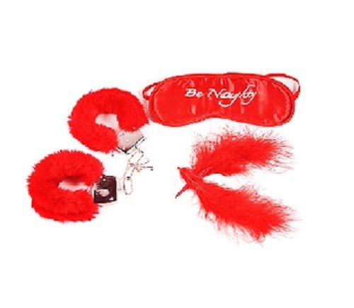 Red Blind Fold - "Be Naughty", Furry Handcuffs, & Red Feathers (Y66053)