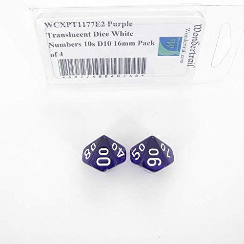 Purple Translucent Dice with White Numbers 10s D10 Aprox 16mm (5/8in) Pack of 4 Wondertrail