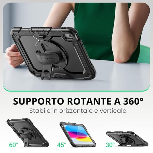 SEYMAC Case for iPad (A16) 11th/10th Generation (11/10.9 inch, 2025/2022), Shock Resistant with Screen Protector, 360° Rotating Stand, Pen Holder, Shoulder Strap, Black