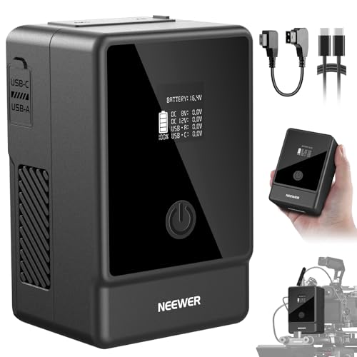 NEEWER Basics V Mount Akku PS099E, 6800mAh/99Wh Mini V Lock mit OLED Display, D Tap/Typ C Kabel, PD65W USB C Schnellladung, D Tap/BP/USB A/DC Ausgang