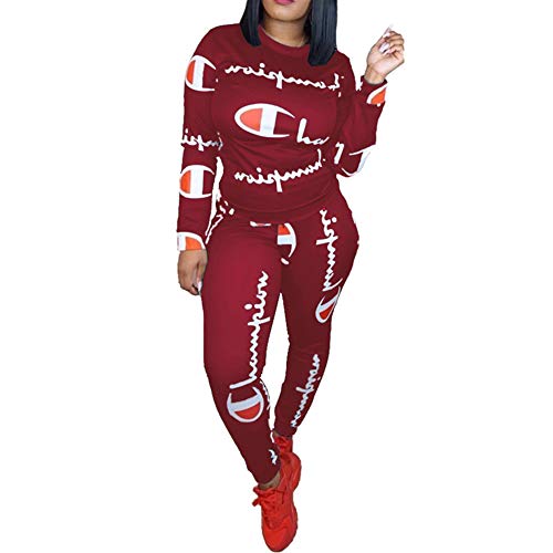 Womens 2 Piece Outfits Letter Print Long Sleeve Sweat Top Set and Skinny Pants Jumpsuit Sportsuits Wine Red