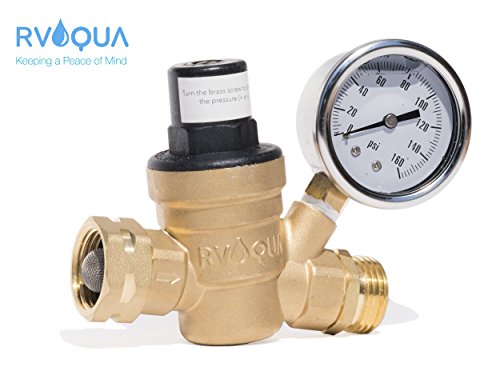 RVAQUA M11-45PSI Water Pressure Regulator For RV Camper - Brass Lead-free adjustable RV Water Pressure Reducer with 160 PSI Gauge and Inlet Stainless Screened Filter