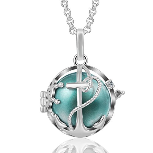AEONSLOVE Crystal Anchor Pendant Necklace Silver Harmony Bola Chime Bell Seagreen