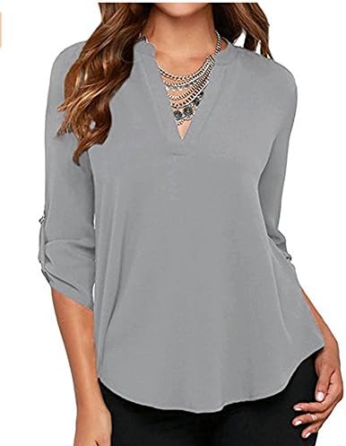 Jevole Chiffon Blouses 3/4 Cuffed Sleeve Shirts V Neck Tops for Women (Grey,Large)