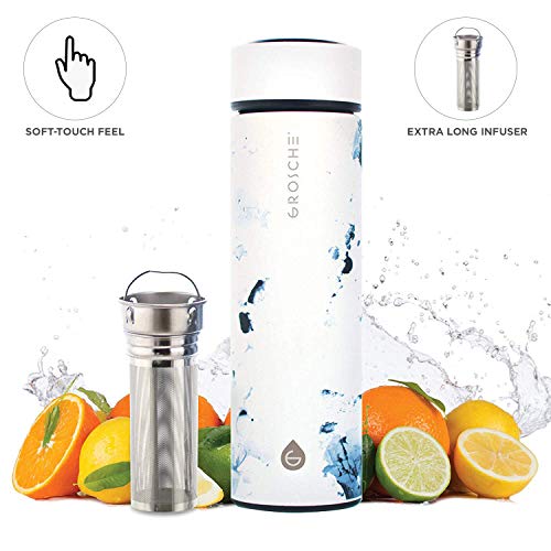 GROSCHE Chicago SOFT TOUCH (White Marble) fruit infuser water bottle | Double Walled Tea infuser bottle | Vacuum insulated stainless steel water bottle flask | 450 ml/ 15.2 fl. Oz | EXTRA LONG TEA INFUSER