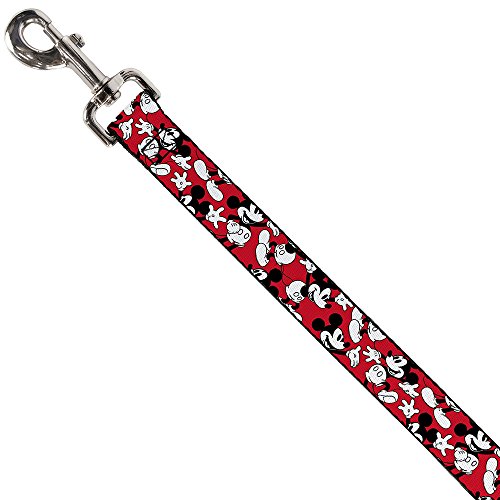 Buckle-Down Pet Leash - Mickey Mouse Poses Scattered Red/Black/White - 4 Feet Long - 1" Wide