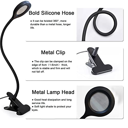 LED Desk Lamp, Foneso USB Clip-On Reading Light with 3 Color Modes 10 Brightness, 360° Flexible Gooseneck Table Lamp, Eye Protection Clamp Light for Reading, Work, Makeup