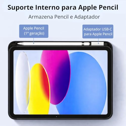 Capa para iPad 9ª/8ª/7ª Geração 10,2” (2021/2020/2019) – Case Slim Magnética com Despertar Automático, Suporte Ajustável e Porta Pencil (Preto)