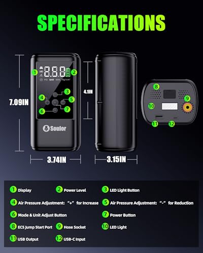 6000A Jump Starter with Air Compressor 160PSI, 12V Car Battery Booster for 10L Gas/10L Diesel, Portable Tire Inflator Car Booster Pack with Jumper Cables & 3 in 1 LED Light