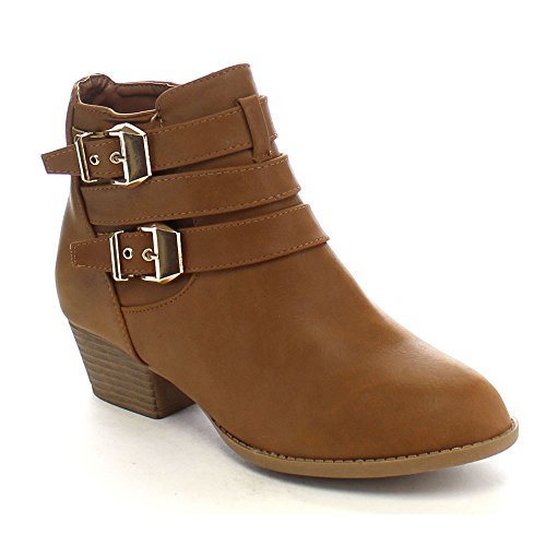 Top Moda Women's Buckle Straps Stacked Low Heel Ankle Booties Tan 7.5
