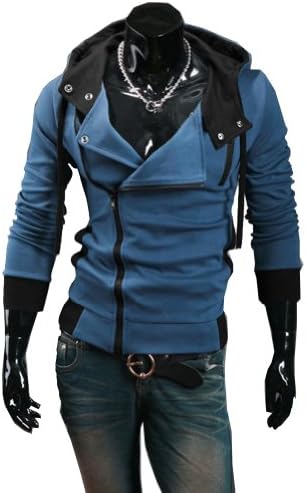 Cottory Men's Fashion Oblique Zipper Hoodie Casual Top Coat Slim Fit Jacket Blue,Large