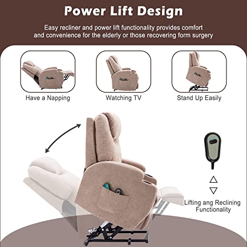 Power Lift Recliner Chair Massage Chair for Elderly, Electric Lift Chair with Heat and Massage, Fabric Recliner Sofa with 2 Cup Holders, Side Pockets & Remote Control for Living Room (Light Brown)