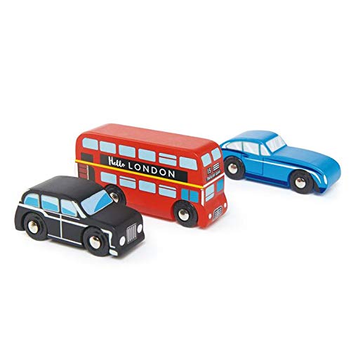 Tender Leaf Toys London Car Set - Set of 3 Wooden Vehicles including a London Bus, Black Taxi and a Sports Car