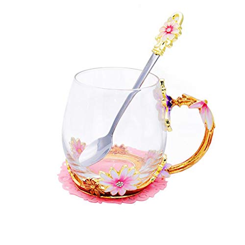 ALITA Luxury Handmade Pink and Purple Flower Crystal Glass Tea Cup/Coffee Mug with Spoon Gift Set (11oz)