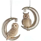 Bridge Collection Owl Perched on Moon Ornaments - Set of 2 Birds on Crescent Moons - Animal Christmas Ornaments - Lunar Owls