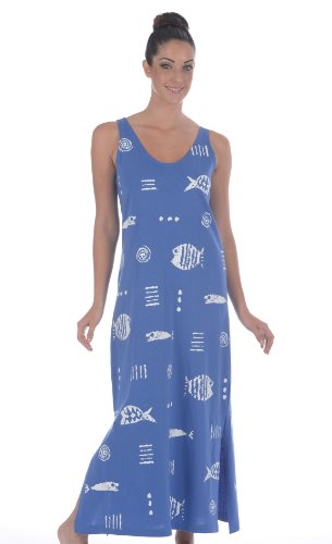 M.Mac's Rock Fish Maxi U Neck Sleeveless Dress-Denim with White Print-2X