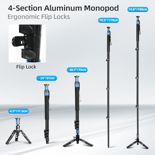 SIRUI Camera Monopod with Stands, 74.8 Inch Aluminium Travel Video Monopod with Removable Base, Maximum Load of 26.4 lbs, 360° Panoramic, for Canon Nikon Sony (AM-404FL)