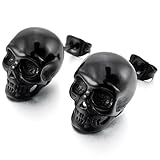 INBLUE Men's Stainless Steel Stud Earrings Black Skull