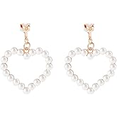 Pearl Clip on Earrings for Women Heart Drop Not Pierced Earrings