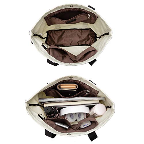 LOVEVOOK Canvas Shopper Damen Handtasche Schultertasche Umhängetasche Einkaufen Arbeiten Schule Reisetasche PU-Griff Schrumpfseil Henkeltasche Cremeweiß