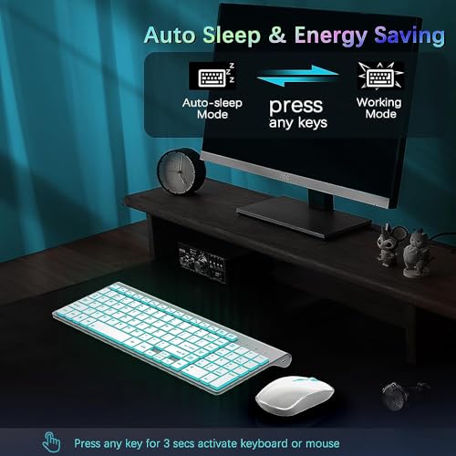 JOYACCESS Teclado y Mouse Inalámbrico Recargable Retroiluminación Blanco | RGB 7 Opciones 2.4G Inglés QWERTY