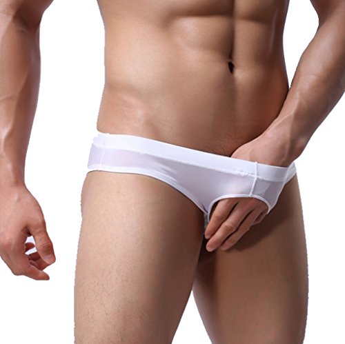 YiZYiF Men's Smooth Ice Silk Underwear Open Front Hole Bikini Swim Briefs White XX-Large
