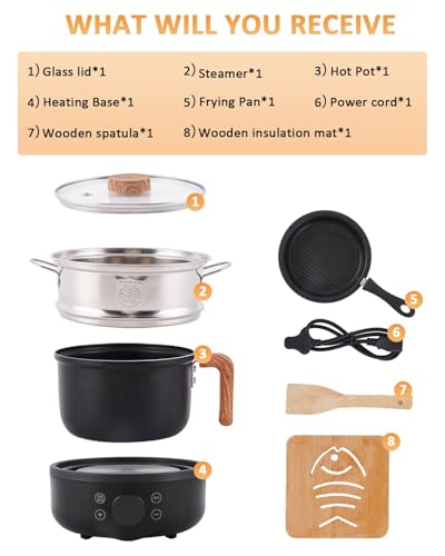 Electric Hot Pot Mini Cooker, 1.8L Ceramic Non-Stick Frying Pan with Steamer, 800W Multifunction Skillet for Stew, Ramen, Pasta & Soup, Ideas for Home Dorm & Travel