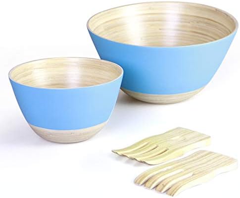 Handymake Bamboo Salad Bowl Set With Servers- Includes: 1 Extra Large Salad Mixing Bowl, 1 Medium Bowl, 2 Salad Hands - Ideal For Serving Salads, Pasta, Cereals, Porridge, Sauces - Turquoise Color