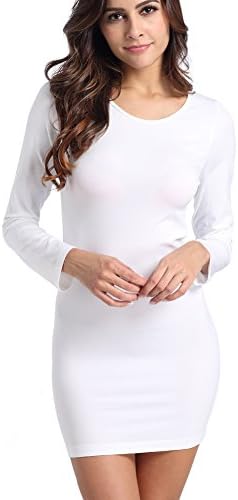 Septree Women's Plain Stretch Basic Top Long Sleeve Ladies' long Undershirt Round Neck (Plus, white)