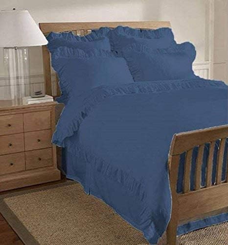 Shreem Linen 5-Piece Frilled Duvet Cover Set (1 Duvet Cover & 4 Pillowcover) Beautiful Corner Edge Ruffles Design, Breathable, Western King Size,Navy Blue