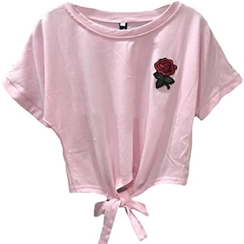 XTT Women's Summer Rose Embroidery Crop Top Shorts Sleeve Shirt Pink L