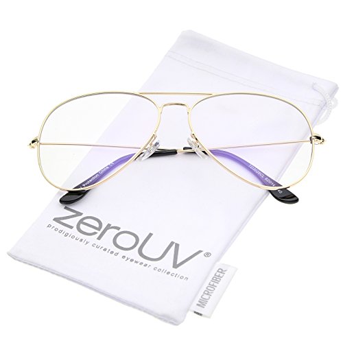 zeroUV - Retro Large Double Nose Bridge Slim Temple Clear Lens Aviator Eyeglasses 61mm (Gold / Clear)