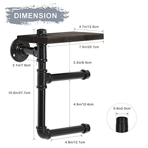 JS NOVA JUNS Industrial Paper Tower Holder, Toilet Roll Holder Wall Mount with Wood Shelf Storage, Black Electroplated Pipe Tissue Holder for Bathroom, Washroom, Double