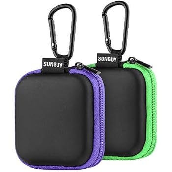 Earbud Case, SUNGUY【2Pack, Green+ Purple】 Portable Square Earphone Carrying Cases with Carabiner Loop for AirPods, Hearing Aids, USB Charging Cord, USB Flash Drive.