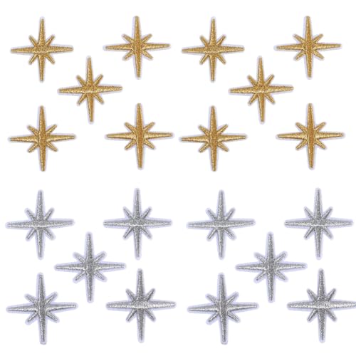 CABODYALS 100Pcs Gold Silver Star Embroidered Patches Eight Pointed Stars Iron on Embroidery Patch Solid Celestial Sew on Repair Badge Appliques Bulk for Sewing Making Clothes Shirt Bags Backpacks Diy