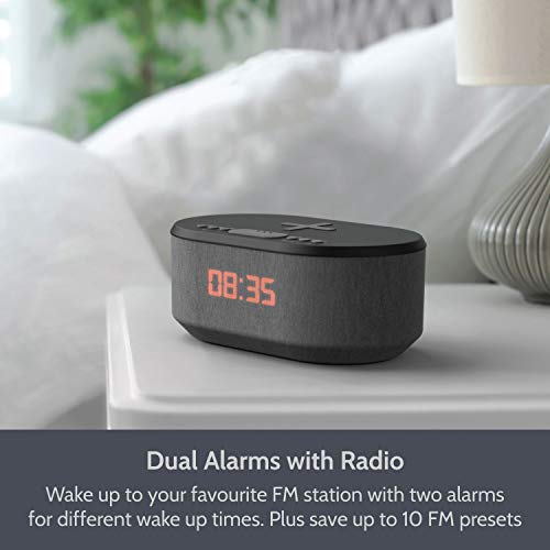 Bedside Radio Alarm Clock with USB Charger, Bluetooth Speaker, QI Wireless Charging, Dual Alarm & Dimmable LED Display (Black) - Thumbnail 3