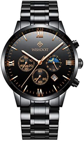 WISHDOIT Mens Watches Black Stainless Steel Waterproof Sports Analogue Quartz Watch Men Casual Chronograph Date Wrist Gents Business Dress Watch