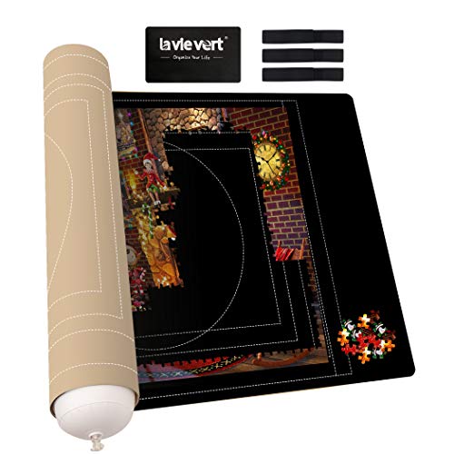 LAVIEVERT Jigsaw Puzzle Mat Roll Up, Double-Sided Neoprene Puzzle Roll Mat, Portable Puzzle Board Keeper Saver with Auxiliary Line & Storage Bag for Up to 1500 Pieces - Black & Khaki