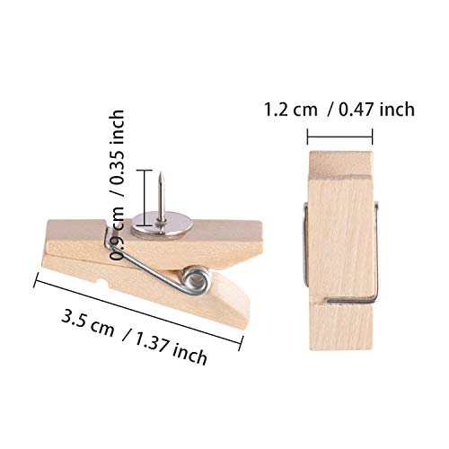 Favide Push Pin Clips, 50 Paper Wooden Clips with Pins for Cork Boards, Bulletin Boards and Cubicle Walls, Pinning No Holes for Paper, Creative Paper Clips with Craft Projects for Offices School