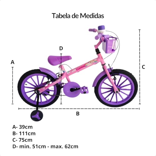 Bicicleta Infantil Aro 16 Menina Rosa e Roxa com Rodinhas Buzina e Cesta