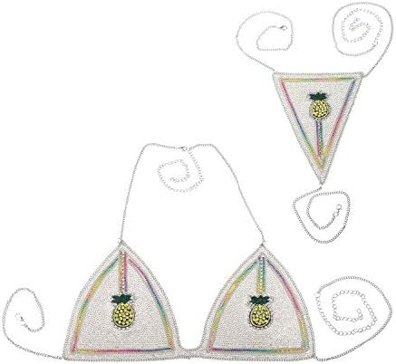 Body Chain Bikini Bra Set Underwear Jewelry Pineapple Silver Chain Sexy for Women Summer Hawaiian Beachwear Pool Dance Party Clubwear with Gift Box - BN17 Silver