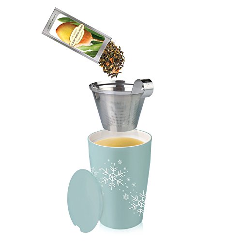 Tea Forté KATI Cup Ceramic Tea Brewing Cup with Infuser Basket and Lid for Steeping, Loose Leaf Tea Maker, Blue Snowflake - Thumbnail 3