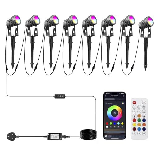 8Pack 24V LED Garden Spike Lights Mains Powered RGB + Warm White, IP65 Waterproof for Outdoor, 26M LED Garden Uplighters Bluetooth App & Remote Control, Color Changing Pathway Lights for Yard