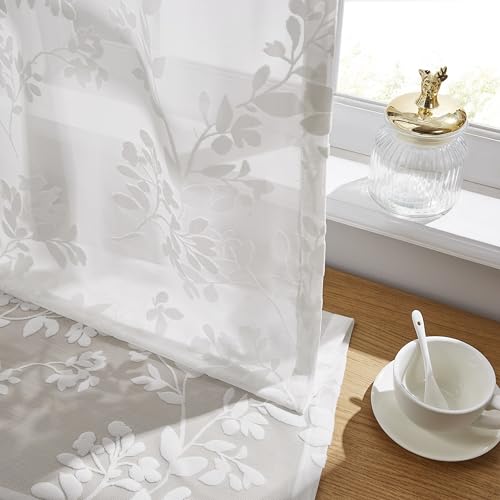 Treatmentex Sheer Curtains with Eyelets, Set of 2 Modern Curtains with Leaf Print, White Curtains for Living Room, Bedroom and Dining Room, 140 x 245 cm