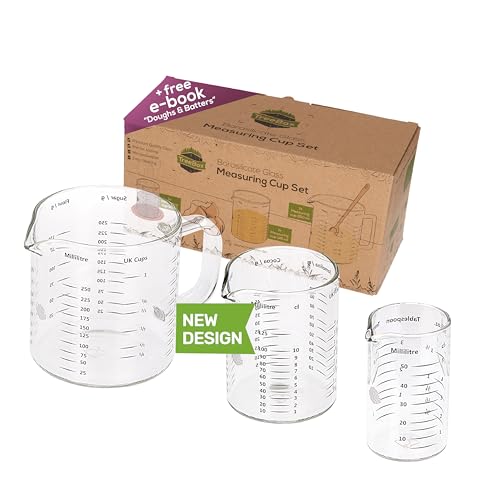 TreeBox Glass Measuring Cups - Set of 3, 250ml, 125ml & 50ml - Borosilicate Glass, Microwave Safe - For Baking & Mixing